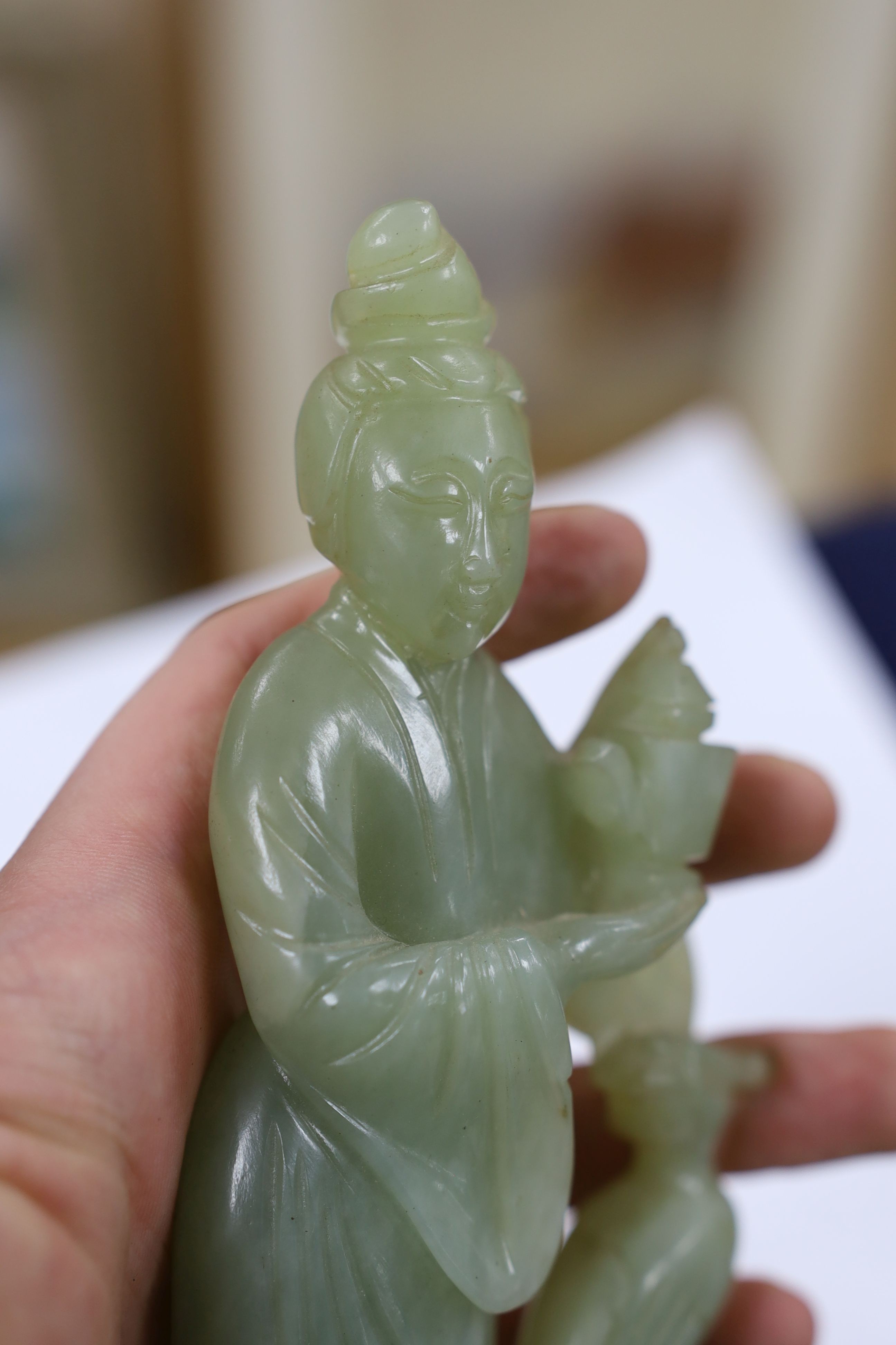 A Chinese bowenite jade figure of a lady, a Canton enamel bowl and a Jun type bud vase, tallest 20 cm high